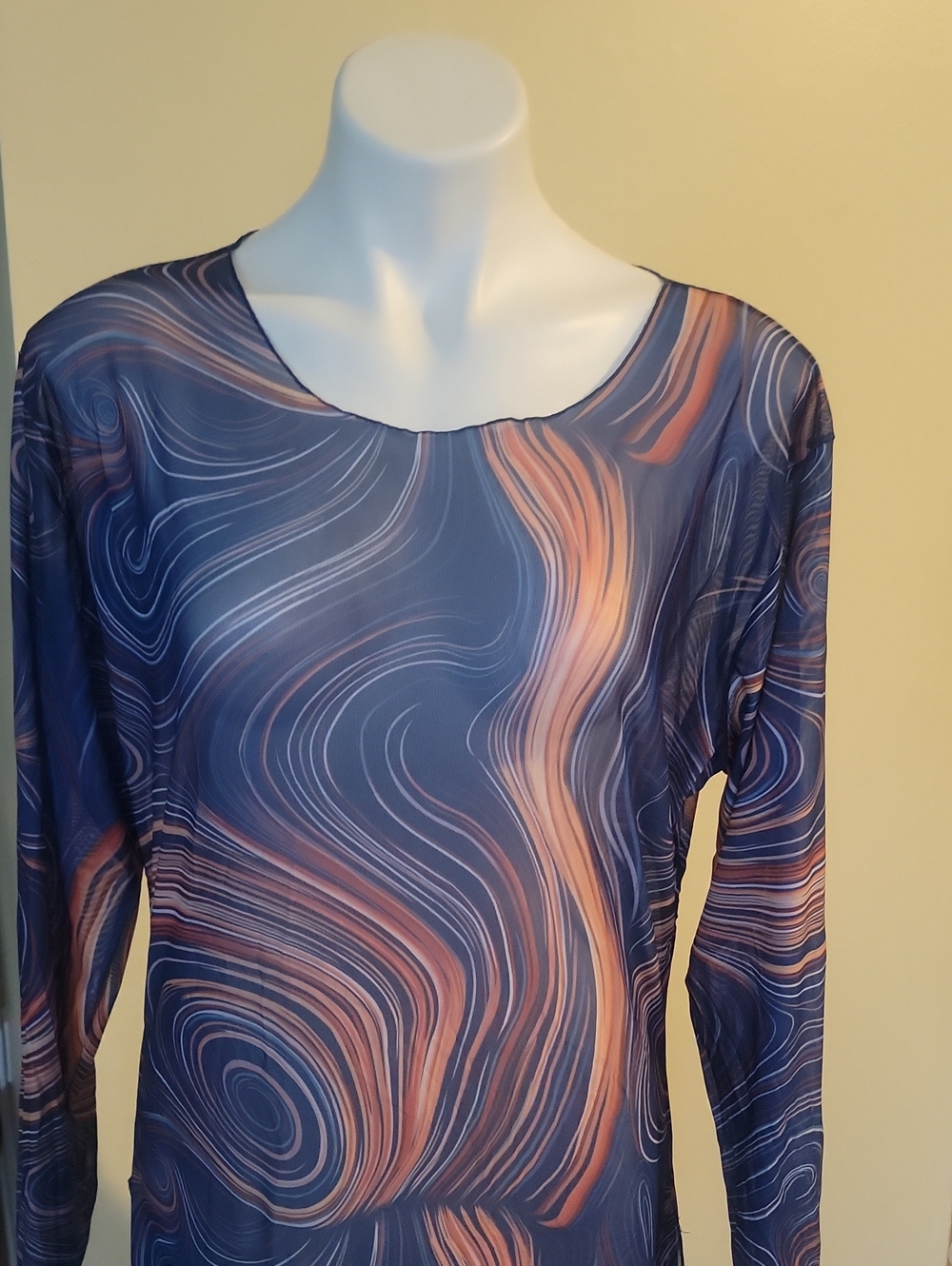 Plus Size Blue Swirl Long Sleeve Side-Slit Maxi Dress Cover Up - Picture 2 of 5